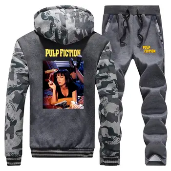 

Pulp Fiction Men's Winter Jacket+Pants 2 Piece Sets Funny Print Sweatshirts Warm Thick Fleece Hoodies Set Men Fashion Tracksuit