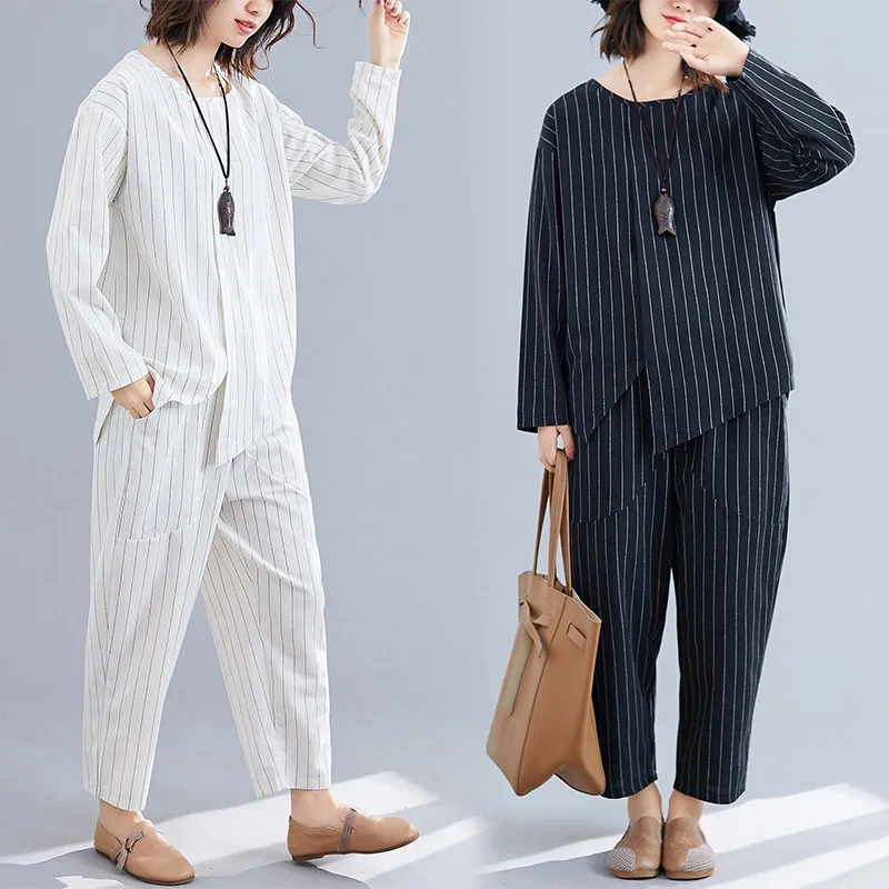 

2019 New Style Cotton Linen Loose Casual Slimming Irregular T-shirt Harem Pants Pleated-Style Set