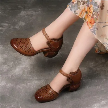 

2019 new summer Style Hollow Out Sandals comfortable baotou Genuine Leatherr Women Shoes New Hook and Loop Retro Handmade Sandal