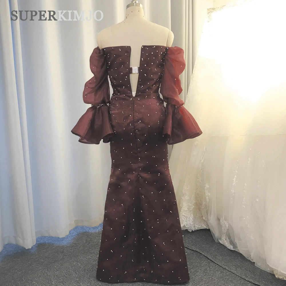 SuperKimJo Бургундия арабские вечерние платья с длинным рукавом с открытыми плечами Peals бисером роскошное вечернее платье Robe De Soiree