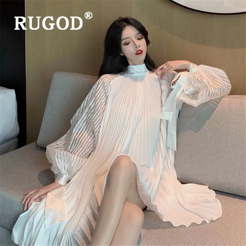 RUGOD линия плиссированные белые платья с пышными рукавами водолазка Boho Chic корейский стиль размера плюс осеннее женское элегантное платье