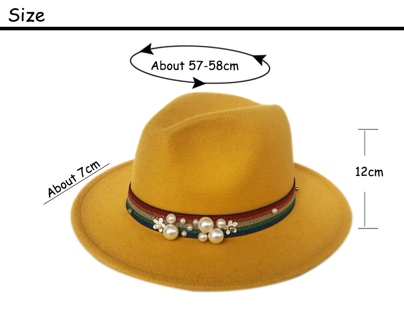 YY beauty Fedora для женщин Радужная жемчужина лента Джаз Панама широкополый Трилби фетровая шляпа Классическая британская Осенняя шляпка для церкви FD19011