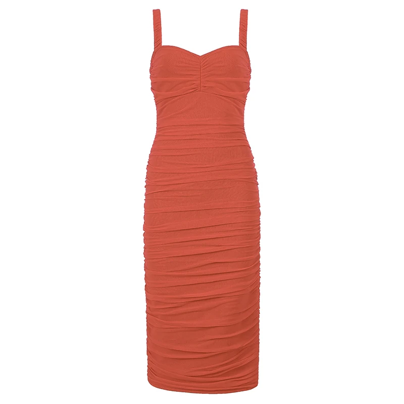 INDRESSME, новинка, сексуальный женский модный наряд для вечеринки, Vestido, Сетчатое, с рюшами, v-образный вырез, на бретелях, без рукавов, бандаж, длина до колена, облегающее платье - Цвет: Apricot