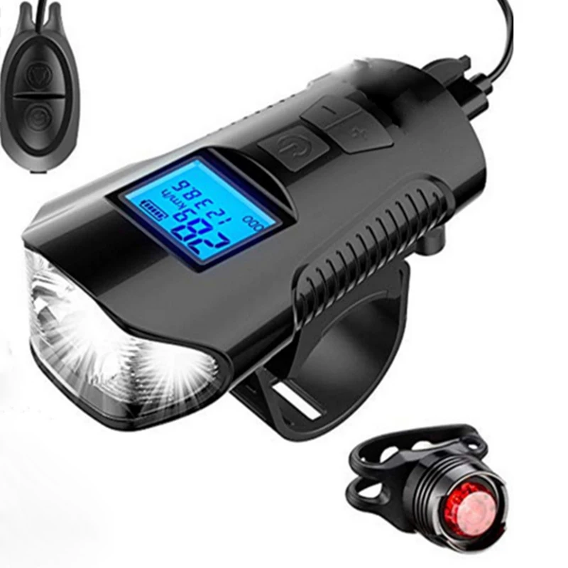 

Waterproof Bicycle Light USB Charging Bike Front Light Flashlight Handlebar Cycling Head Light w/ Horn Speed Meter LCD Screen