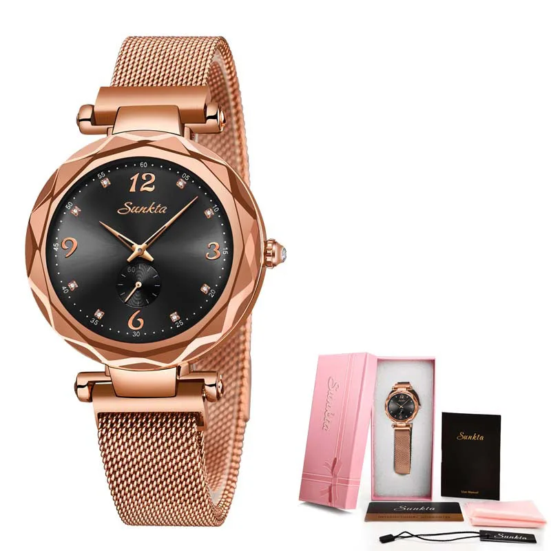 Montre Femme 2019SUNKTA женские часы, женские кварцевые часы, сетчатый магнит, женские часы-браслет, женские часы, Relogio Feminino+ коробка - Цвет: Rose gold black