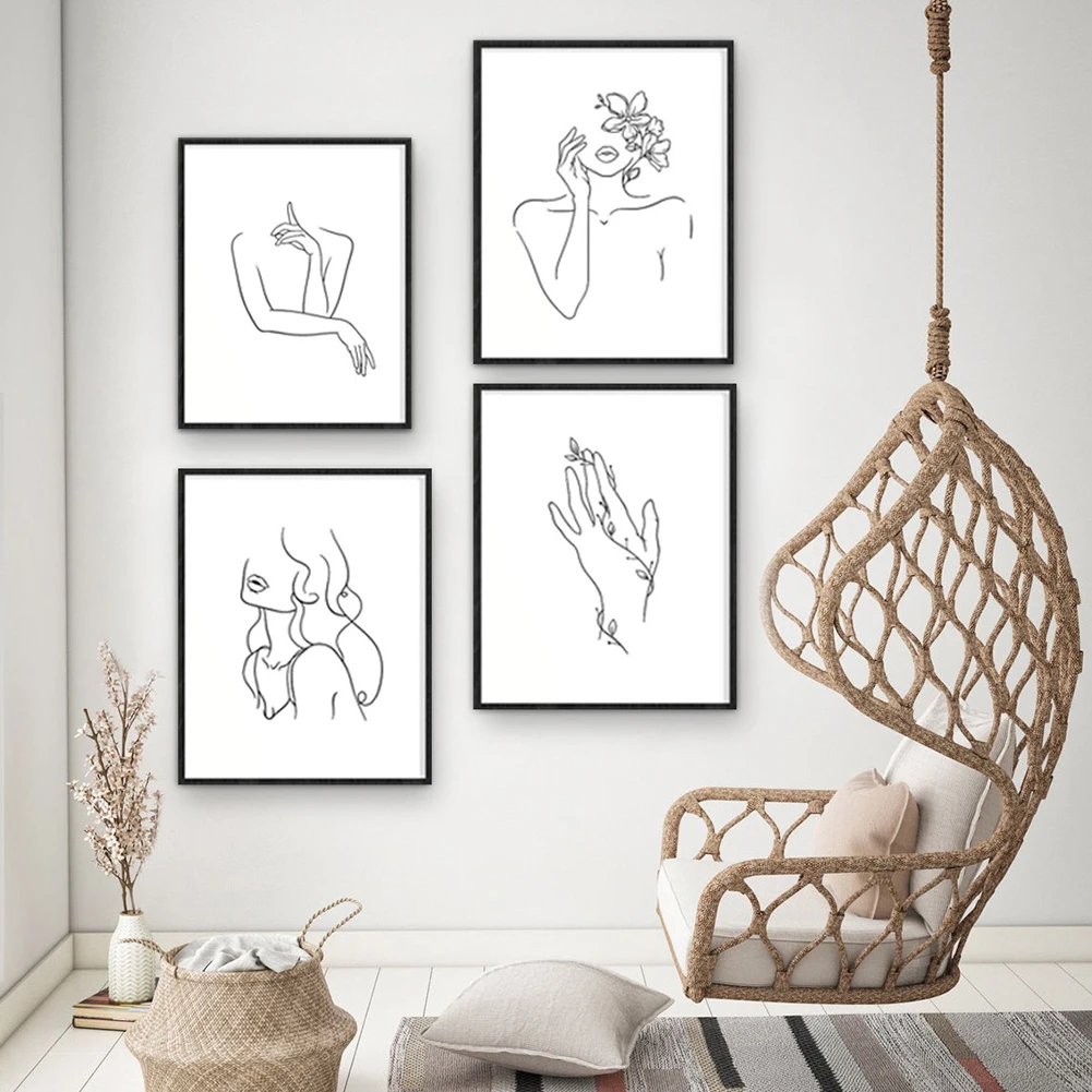4pcs Single Line Face Art Print Minimalist Woman Face One Line Drawing Neutral Wall Art Canvas Painting Home Room Wall Decor Painting Calligraphy Aliexpress