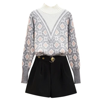 

Autumn Women Clothing Set Diamond Lattice Half A Turtleneck Print Sweater Female Shorts Good Material Wide-Legged Pants Suit