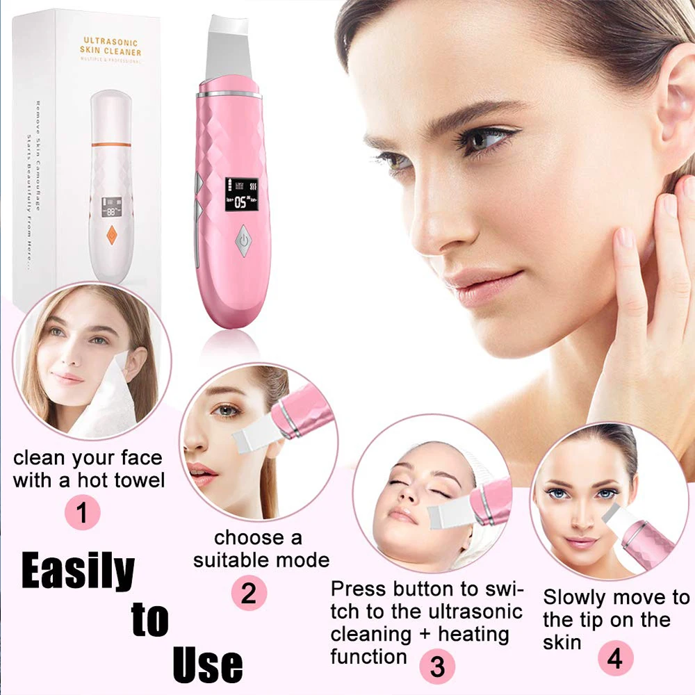 EMS Skin Scrubber,Ultrasonic Facial Skin Spatula,36-42&deg;C Heating Facial Cleansing,Blackhead Remover Extractor,Face Cleaning Tool