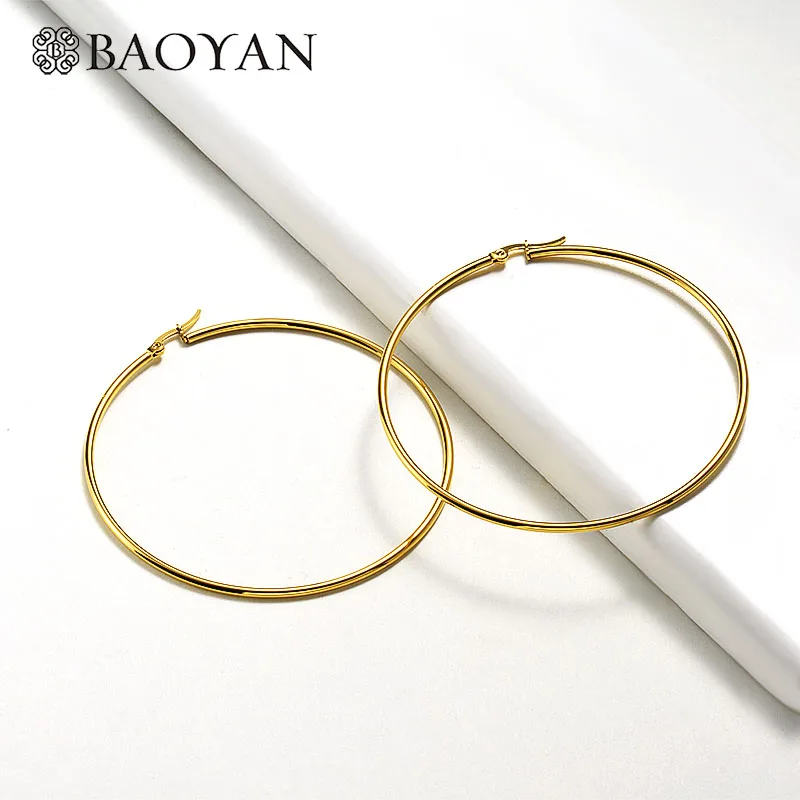 70mm Gold Baoyan круглые серьги-кольца простой: золото, серебро серьги-кольца из нержавеющей стали 15 мм-100 мм маленькие большие серьги-кольца для женщин - Окраска металла: 70mm Gold