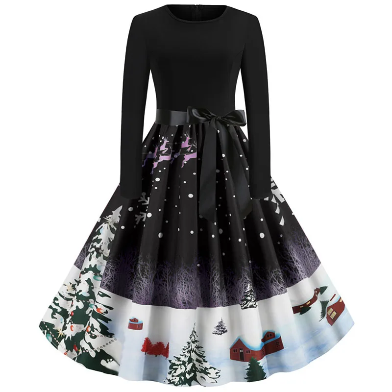 Зимнее рождественское платье с длинным рукавом для женщин, с принтом снеговика, элегантные винтажные Повседневные Вечерние платья в стиле пэчворк черного и красного цвета размера плюс