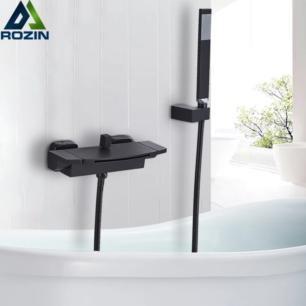 Black Waterfall Shower Faucet Dual Handle Bathtub Mixer Tap with Handshower Waterfall Bath Shower Set
