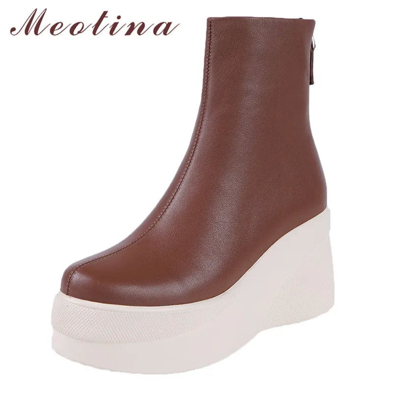 

Meotina Winter Ankle Boots Women Natural Genuine Leather Platform Wedge Heel Short Boots Zip Super High Heel Shoes Lady Fall 39
