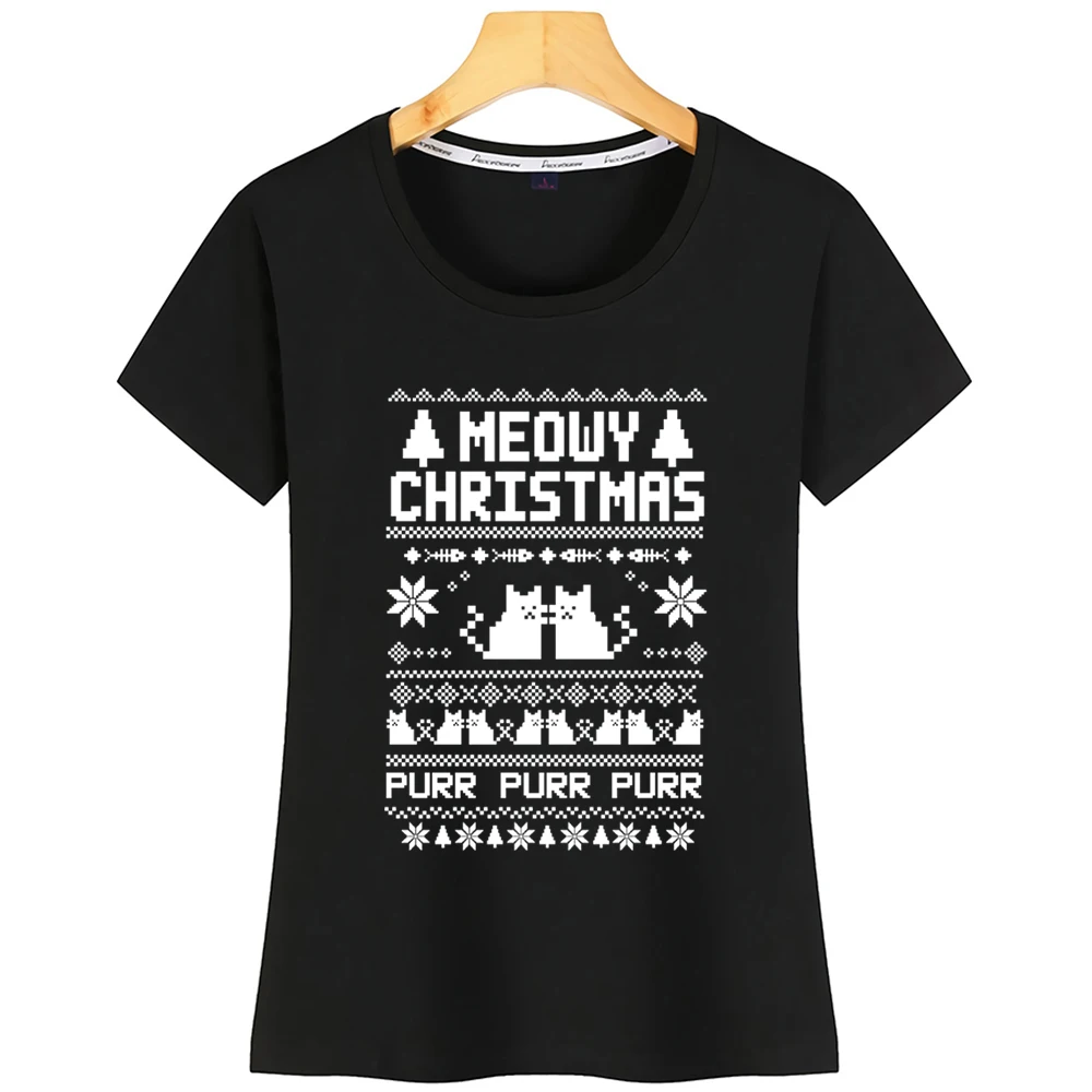 

Tops T Shirt Women Meow Ugly Christmas Sweater For Cats Lovers Kawaii Black Print Female Shirt