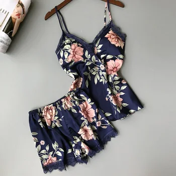 

Sexy Print Pajamas For Women Sling Top AND Shorts Lace Patchwork Women's Pyjamas Set 2020 Summer Sleepwear Ladies Home Clothes