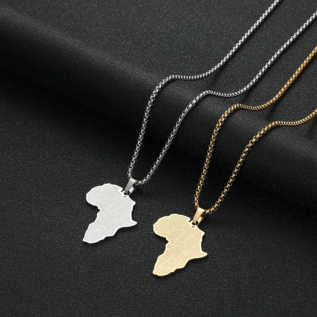 Africa Map Pendant Necklace – Stainless Steel, Unisex, Gift Ready In Velvet Bag