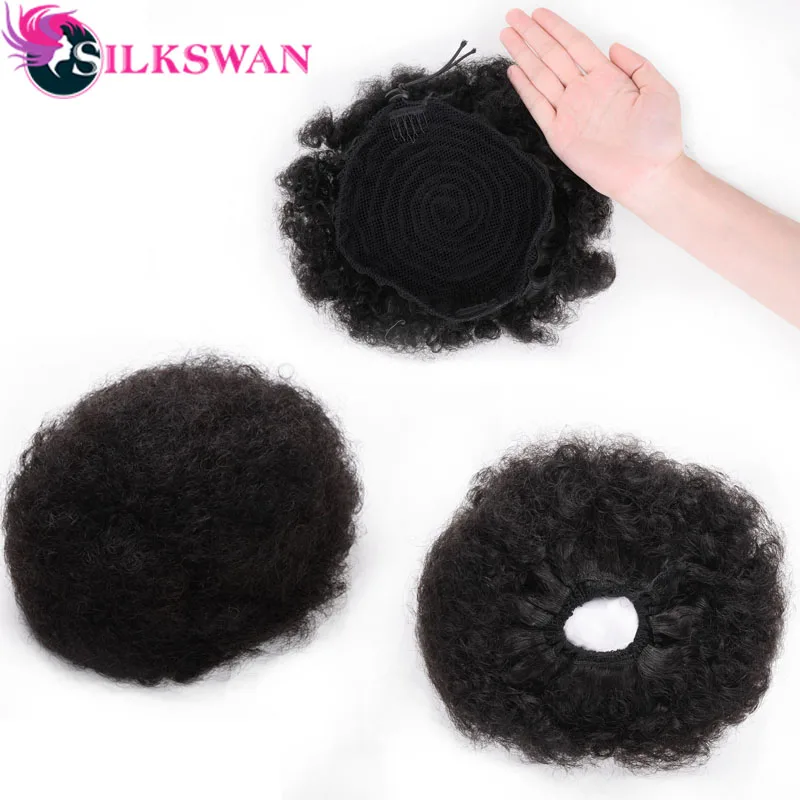 

Silkswan Afro Puff Kinky Curly Ponytail Remy Hair Clip In Ponytails Drawstring Natural Black100% Human Hair Extension For Women