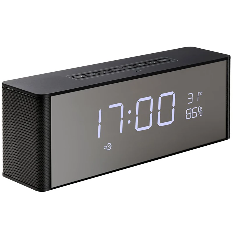 

Wireless Speaker with Alarm Clock, Digital FM Radio, 3.5mm Aux Line-In TF Card Play, Thermometer, Large Mirror LED Dimmable Disp