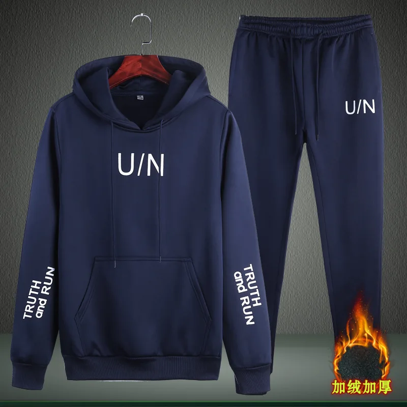 Ropa Hombre, новинка, спортивный костюм для мужчин, монография, толстовка, костюм для мужчин, осень/зима, двухсекционный костюм, утолщенная и флисовая куртка - Цвет: Тёмно-синий