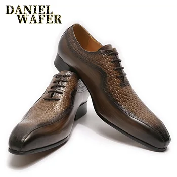

2020 Men's Oxford Shoes Prints Dress Shoe Classic Style Coffee Black Lace Up Pointed Toe Wedding Office Leather Formal Men Shoes