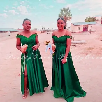 

2020 Green A Line Bridesmaid Dresses Nigeria African Women Off Shoulder Long Wedding Party Dress Gown Robe De Soiree De Mariage