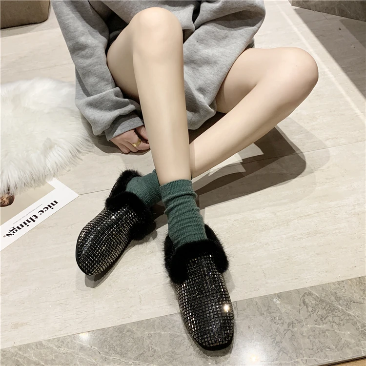 Shiny rhinestone furry slippers cozy fashion outdoor slides woman warm fur Lightweight Breathable shoes zapatos de mujer