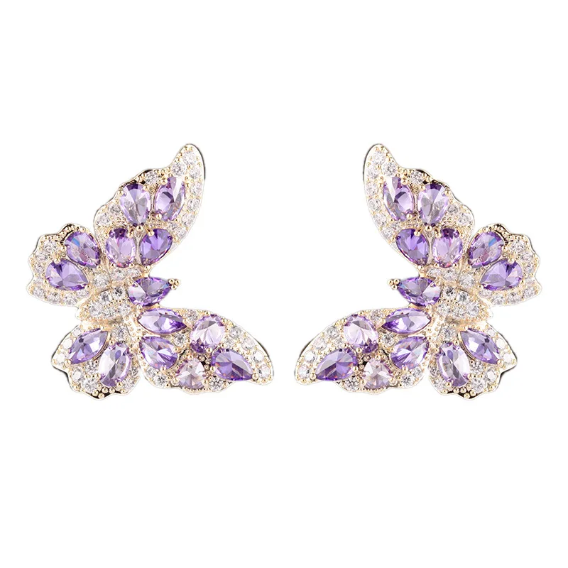 

FXLRY Elegant Luxury Micro Inlaid Zircon Pink /Purple Butterfly Stud Earrings For Women Jewelry