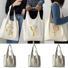 Women‘s Shopper Bag Canvas Bag Tote Bag Initial Letter 26 Letters Series Grocery Handbags Portable One-shoulder Shopping Bag