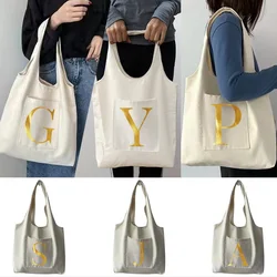 Women‘s Shopper Bag Canvas Bag Tote Bag Initial Letter 26 Letters Series Grocery Handbags Portable One-shoulder Shopping Bag