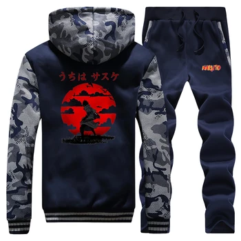 

Uchiha Sasuke Coat Thick Winter 2019 Cartoon Naruto Streetwear Hooded Mens Camouflage Raglan Suit Hoody Zipper+Pants 2 Piece Set