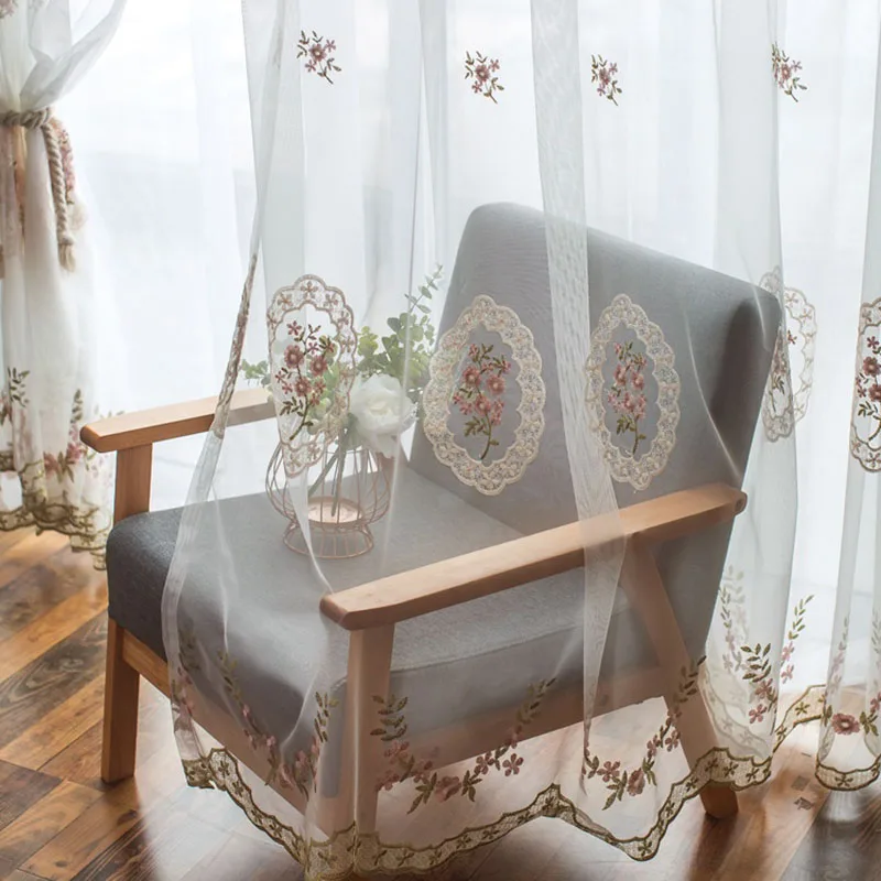 

Korean Pastoral Flower Embroidery Tulle Curtain for Living Room Luxury Pink Embroidered Sheer Curtain For Wedding Home Decor 844