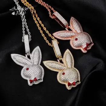 

AIILCEONYOU Hip Hop Red Eyed Rabbit Head Pendant Necklace Micro Pave High Quality Cubic Zirconia Copper For Gift Cuban Chain