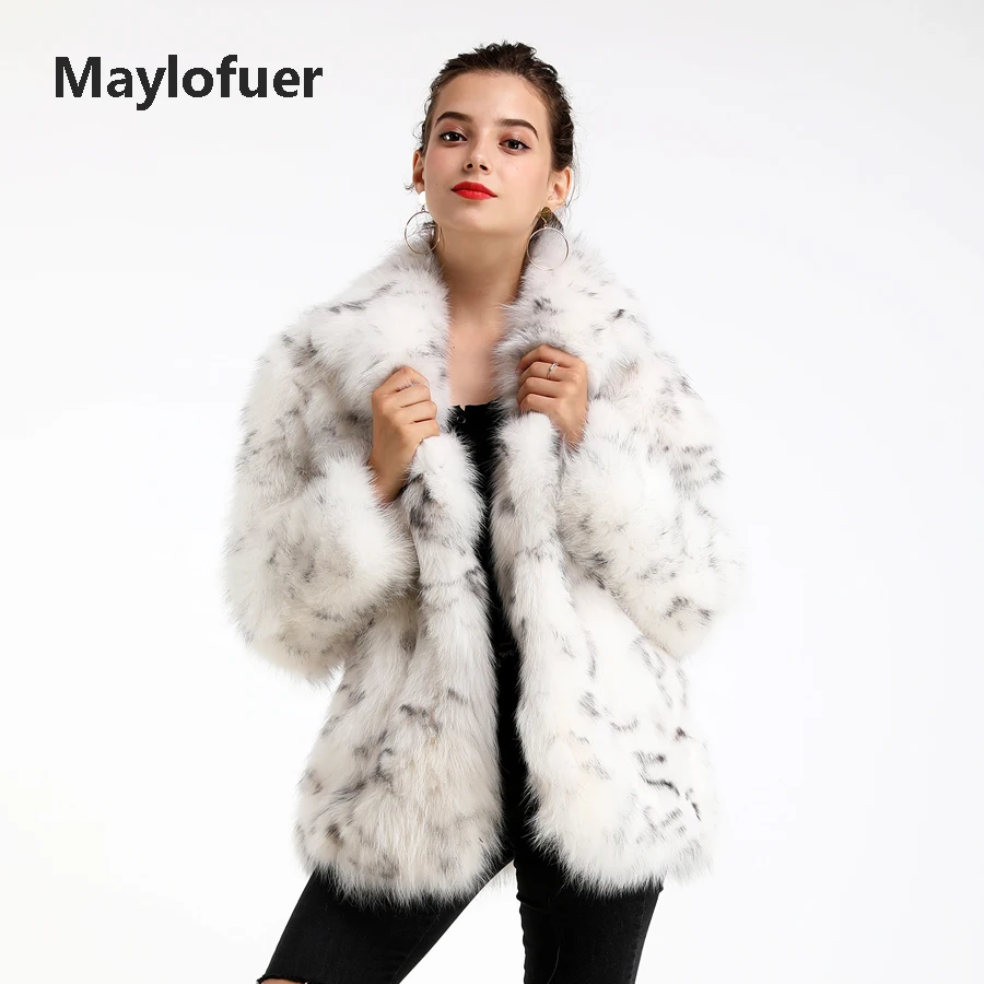 Maylofuer шуба из натурального Лисьего меха леопардовый узор натуральный Лисий мех куртки большой воротник Мода темперамент женщин теплый мех пальто