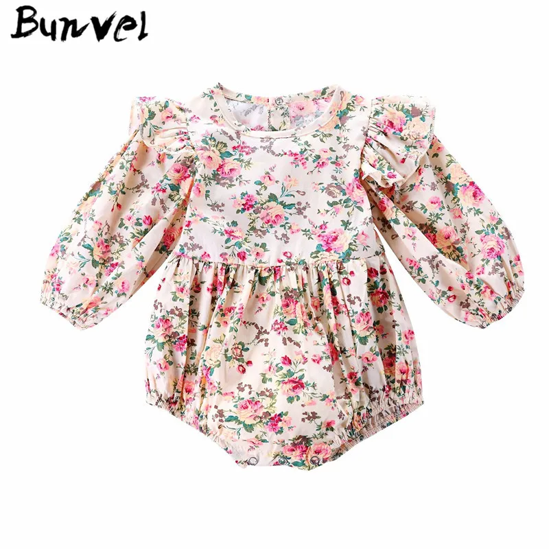 Bunvel/осенняя одежда для маленьких девочек; комбинезоны с оборками и цветочным принтом; боди с длинными рукавами; Новое поступление; Одежда для маленьких мальчиков; f