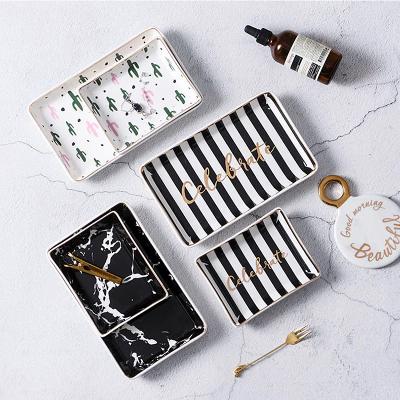 

Ins Wind Ceramic Jewelry Tray Table Decorative Plate Desktop Marble Pattern Storage Tray Snack Dessert Dish Decoration Organizer