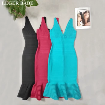 

LEGER BABE Autumn New Sleeveless Bandage Dress Women Ruffles Bodycon Vestidos Sexy V-Neck Midi Celebrity Party Wear OL Dress