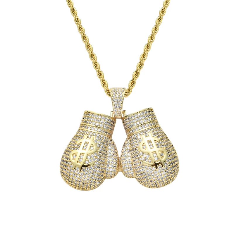 Хип-хоп AAA CZ камень проложили Bling Iced Out доллар бокс Подвески в виде перчаток ожерелье для мужчин рэппер ювелирные изделия золото серебро