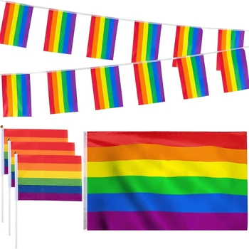 

12 Pack Gay Pride Rainbow Flag Set Large Flag Banners Bunting Flags and Small Hand Flag with Sticks for Party Parade