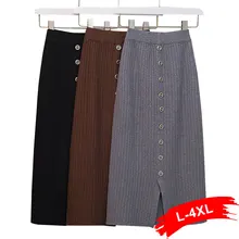 Женские вязаные прямые юбки больших размеров с разрезом спереди на пуговицах 3Xl 4Xl Осенняя плотная вязаная юбка средней длины серого кофейного цвета Jupe