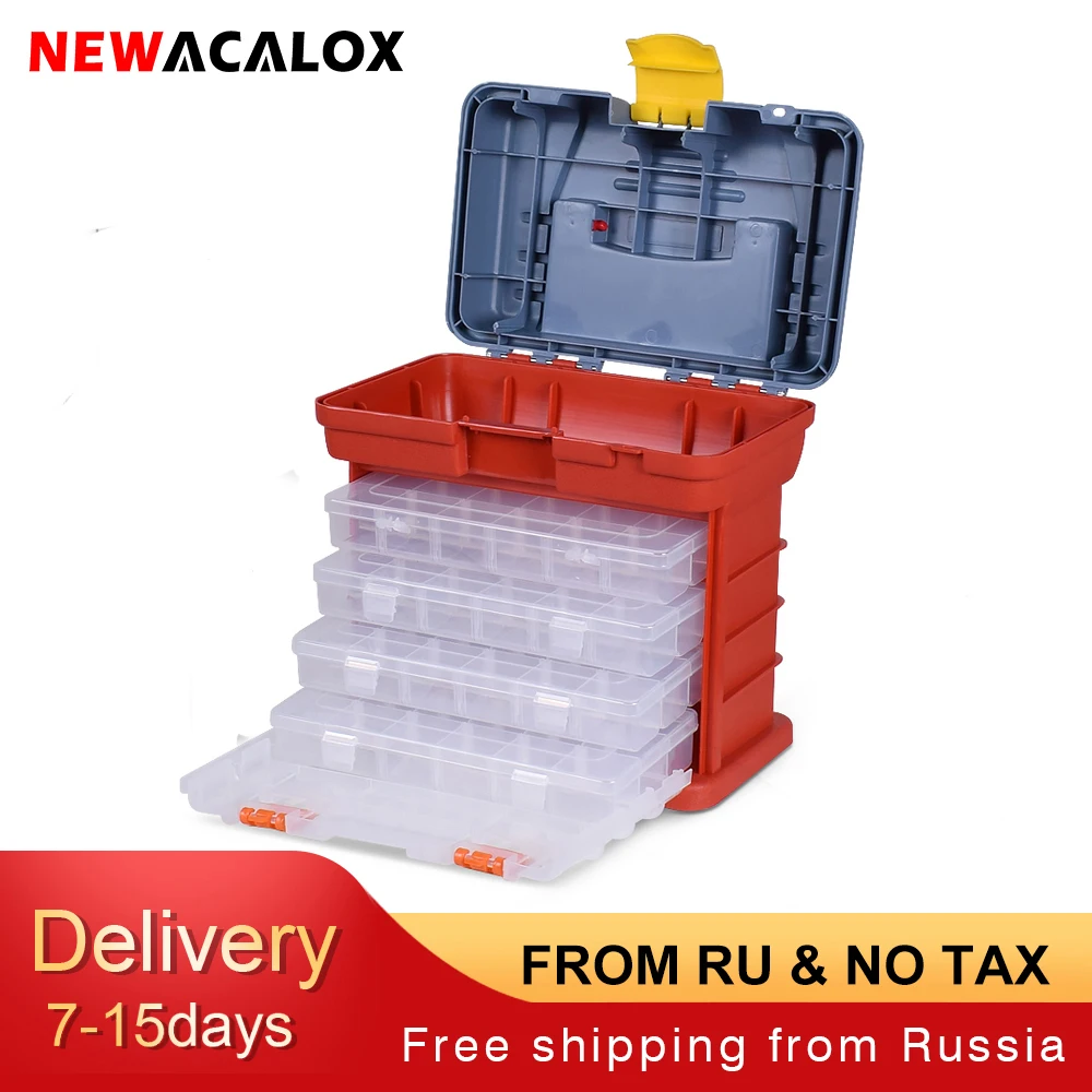 NEWACALOX Portable Hardware Storage Box 4-layer Parts Plastic Tool Box Outdoor Toolbox for Repair Fishing Accessories Tool Case