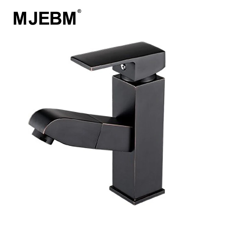 MJEBM black  bathroom Kitchen Basin Faucet Single Handle Pull Out Spray Sink Tap Hot And Cold Water Crane Deck Mount Faucets