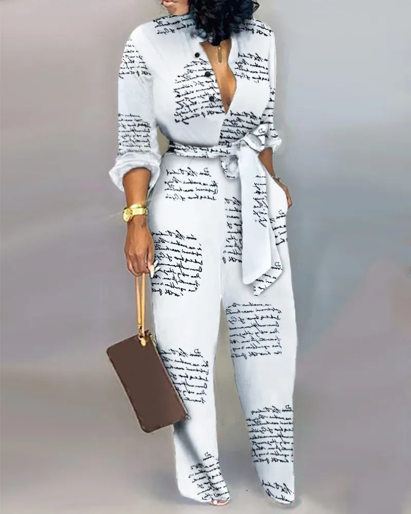 Letter Print Casual Knotted Jumpsuit Deep V Neck Long Sleeves Jumpsuit Overalls For Women