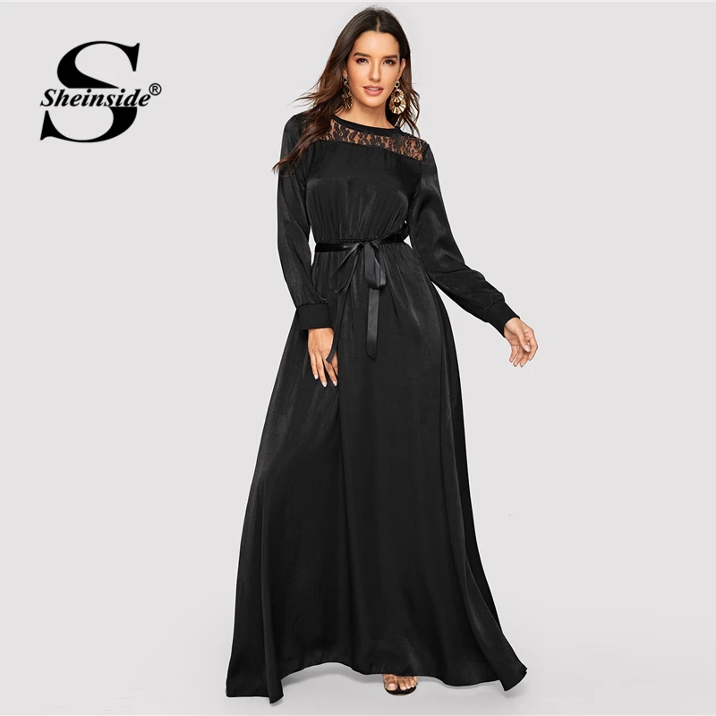 Sheinside Elegant Contrast Lace Satin Maxi Dress Women 2019 Autumn