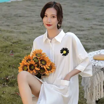 

Summer Autumn Silk Womens Sleepwear Sexy Sleepshirt Daisy Print Ladies Young Girl Outwear Nightdress Party shirt nightdress