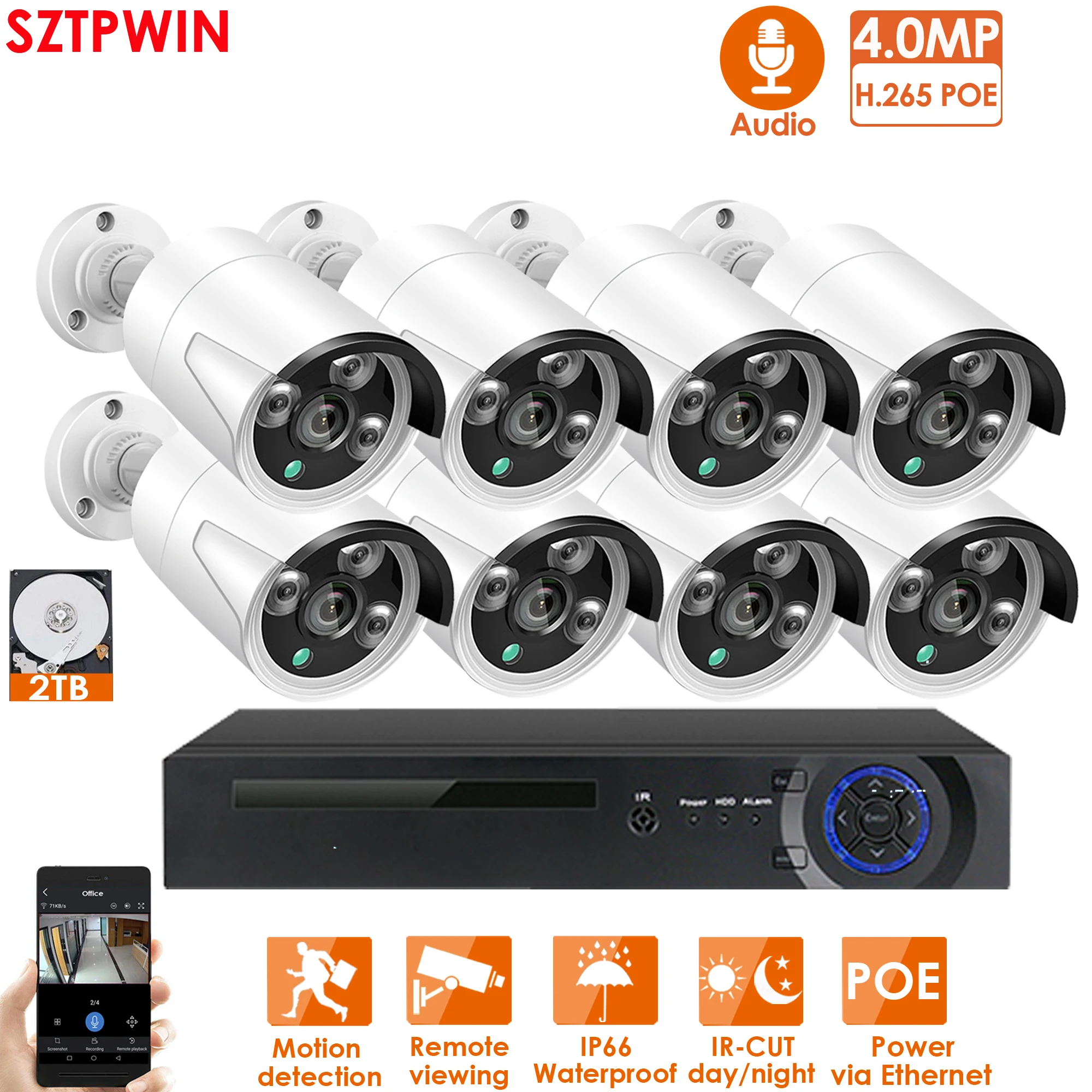 H.265 8CH 48V POE NVR комплект CCTV система 4,0 MP IP POE камера P2P IR IP66 наружная Всепогодная система видеонаблюдения