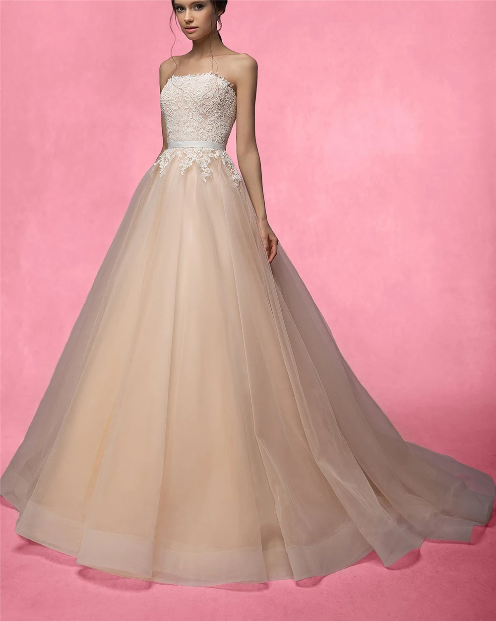 

Strapless Tulle Ball Gown Wedding Dresses Pink Strapless Sash Lace-Up With Bows Lace-Up Dresses For Wedding Robe De Mariee