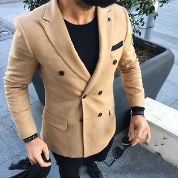 

2020 Beige Tweed Double-breasted Coat Men Fall Winter Fashion Casual Suit Jacket Mens Slim Fit Businee Blazer Male Outerwear