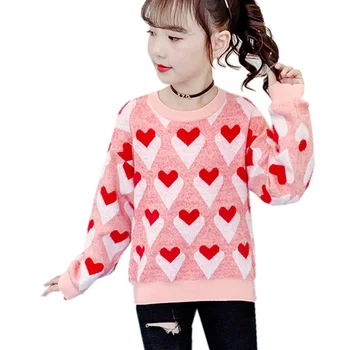 

New Girls Heart Print Knit Sweater with Heart Autumn Kids Clothes Teen Kids Top Children Costume For Teenage Girl 5 to 13 Years