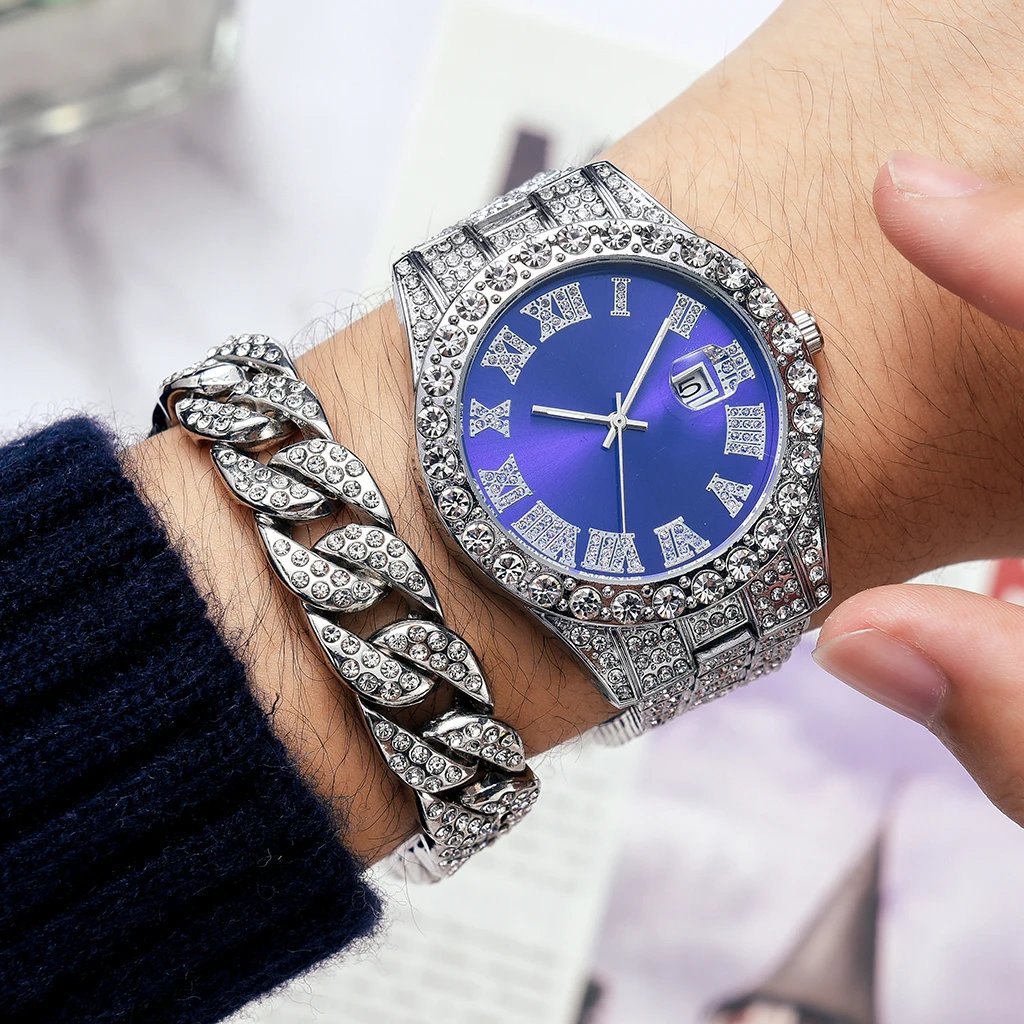 2 Pcs Watch+bracelet Hip Hop Stainless Steel Gold Color Calendar Watch For Men Iced Out Paved Rhinestones Men Watch Reloj Hombre
