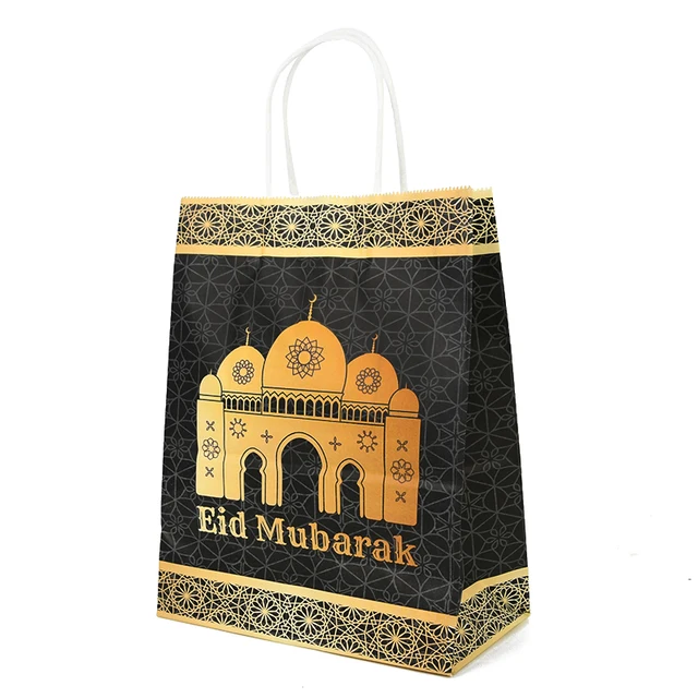 6pcs Eid Mubarak Kraft Paper Gift Bags Muslim Islamic Festival Party Cookie Candy Packaging Box Ramadan Kareem Favors Supplies style2
