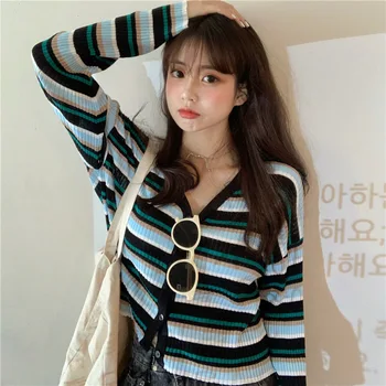 

Large Size Dress Hyun yf Tops Korean-style Loose Airable Shirt Stripes Sun Protection Clothing Long Sleeve Knitted Cardigan Autu